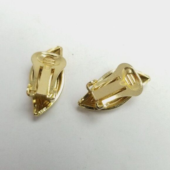 Vintage Green Enamel and Gold Tone Clip On Earrings, Retro 80s 90s Style - Picture 3 of 6